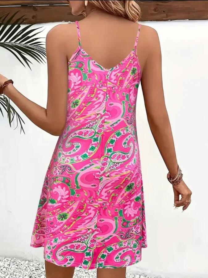 Kadın Ip Askılı V Yakalı Desenli Kısa Süprem Mini Elbise - 2