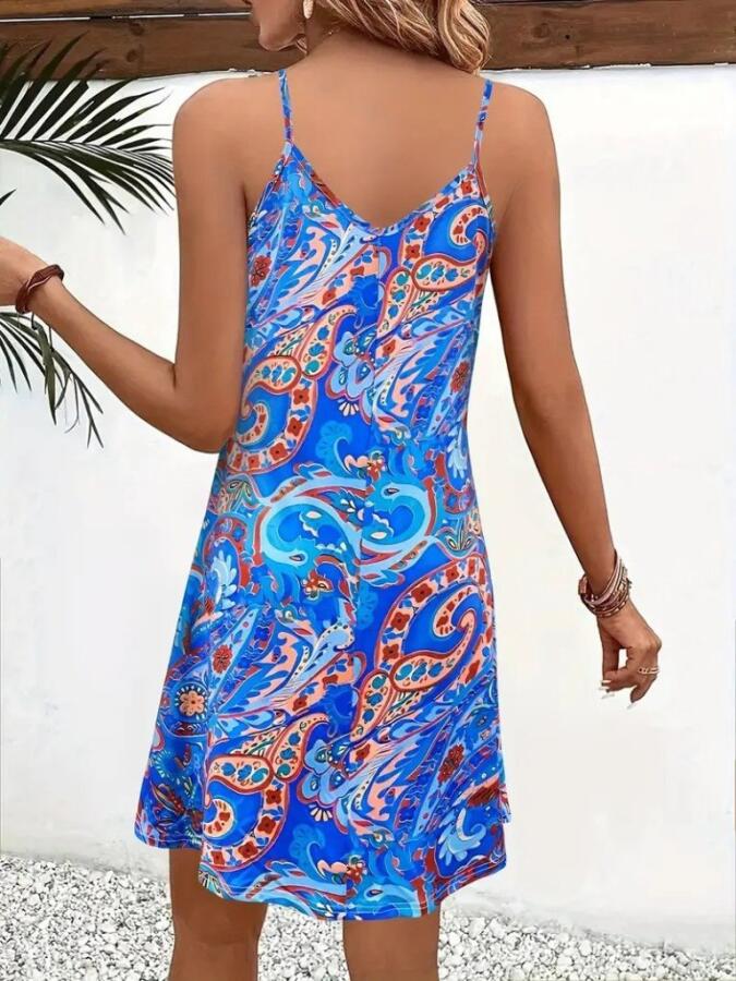 Kadın Ip Askılı V Yakalı Desenli Kısa Süprem Mini Elbise - 2