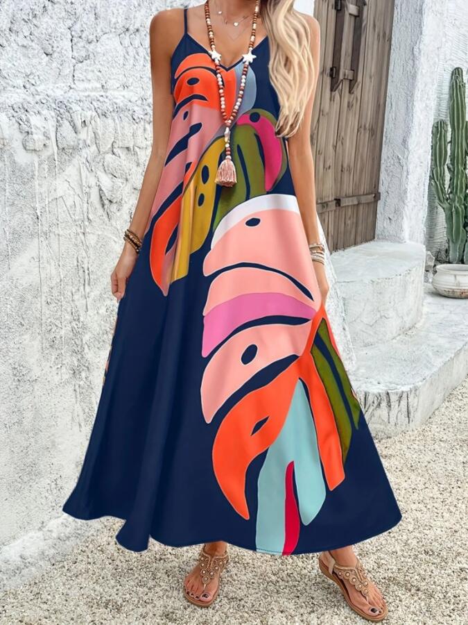 Kadın Ip Askılı V Yakalı Desenli Süprem Maxi Elbise - 1