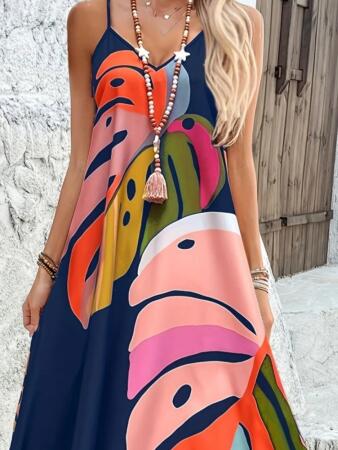 Kadın Ip Askılı V Yakalı Desenli Süprem Maxi Elbise - ANGELINO BuyukBedeniz (1)