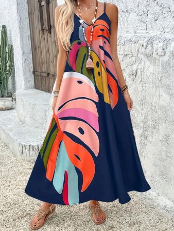 Kadın Ip Askılı V Yakalı Desenli Süprem Maxi Elbise - 3