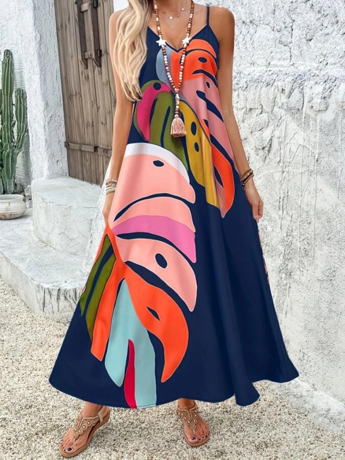 Kadın Ip Askılı V Yakalı Desenli Süprem Maxi Elbise - 3