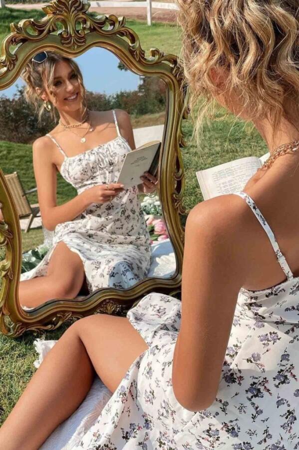 Kadın Ip Askılı Yakadan Bağcıklı Desenli Süprem Elbise - 2