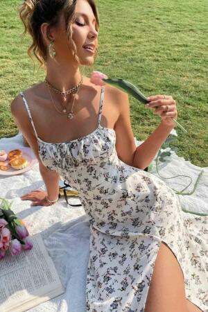 Kadın Ip Askılı Yakadan Bağcıklı Desenli Süprem Elbise - 5