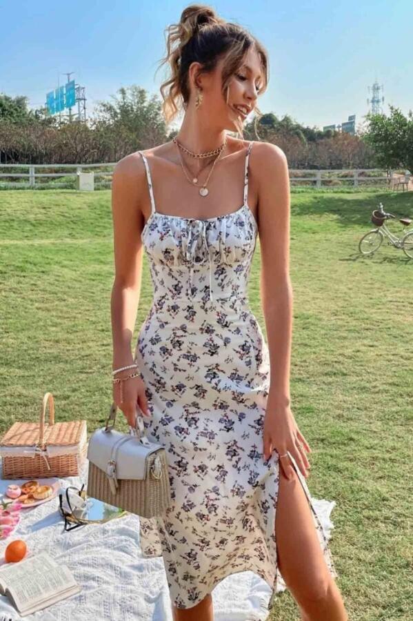 Kadın Ip Askılı Yakadan Bağcıklı Desenli Süprem Elbise - 6