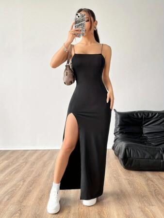 Kadın Ip Askılı Yandan Yırtmaçlı Janjan Krep Elbise - 4