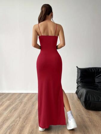 Kadın Ip Askılı Yandan Yırtmaçlı Janjan Krep Elbise - 3