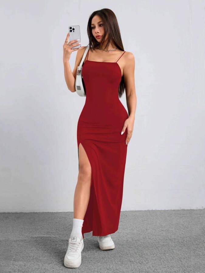 Kadın Ip Askılı Yandan Yırtmaçlı Janjan Krep Elbise - 8