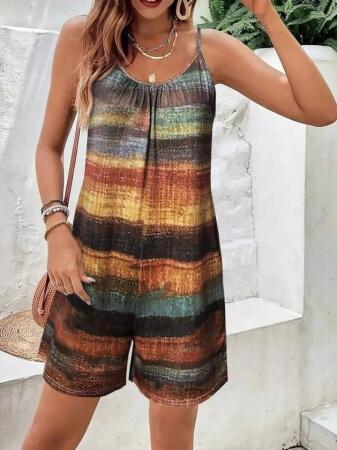 Kadın Ip Askılı Yuvarlak Yakalı Cepli Desenli Kısa Süprem Tulum - 3