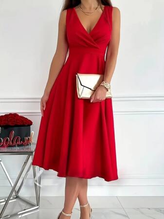 Kadın Ithal Krep Kumaş Kruvaze Yaka Eteği Kloş Kolsuz Mini Elbise - ANGELINO BuyukBedeniz (1)