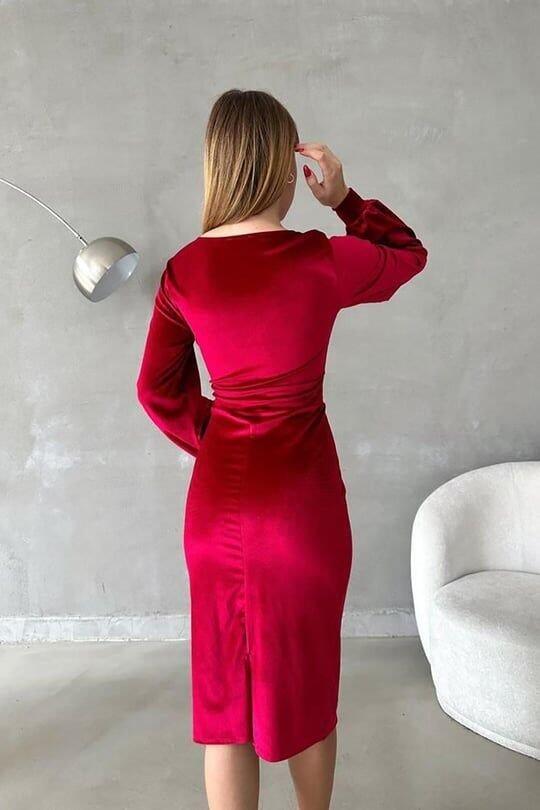 Kadın Kadife Kumaş Kruvaze Yaka Balon Kol Ve Yırtmaç Detaylı Midi Boy Elbise - 2