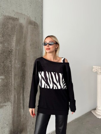 Kadın Kadife Kumaş Zebra Desenli Omuz Detay Uzun Kollu Bluz - 3