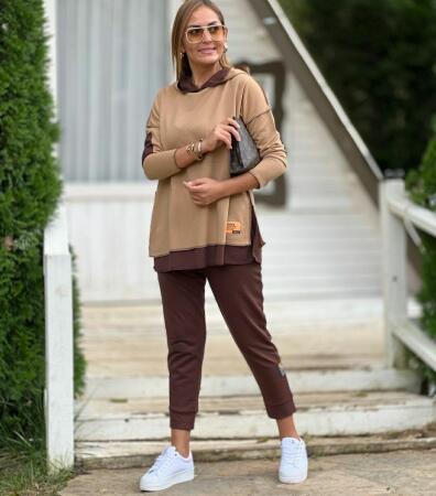 Kadın Kahve Kapşonlu Etek Ucu Detay Arma Ters Dikiş Gorunumlu Ikili Takım - ANGELINO BuyukBedeniz