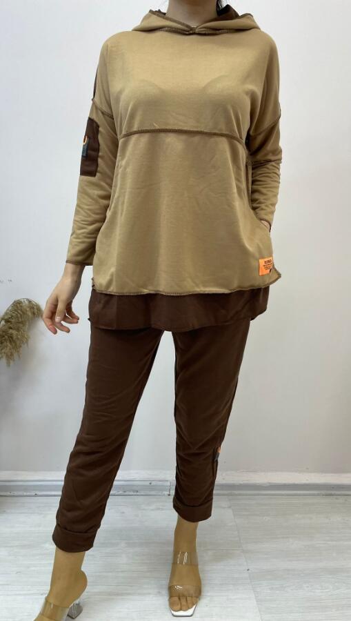 Kadın Kahve Kapşonlu Etek Ucu Detay Arma Ters Dikiş Gorunumlu Ikili Takım - 4