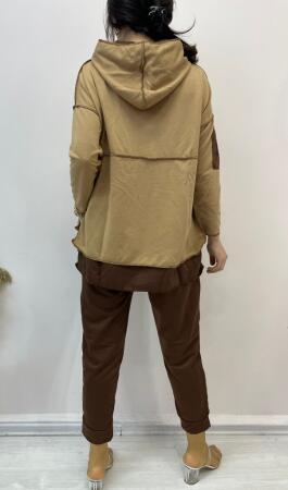 Kadın Kahve Kapşonlu Etek Ucu Detay Arma Ters Dikiş Gorunumlu Ikili Takım - 5