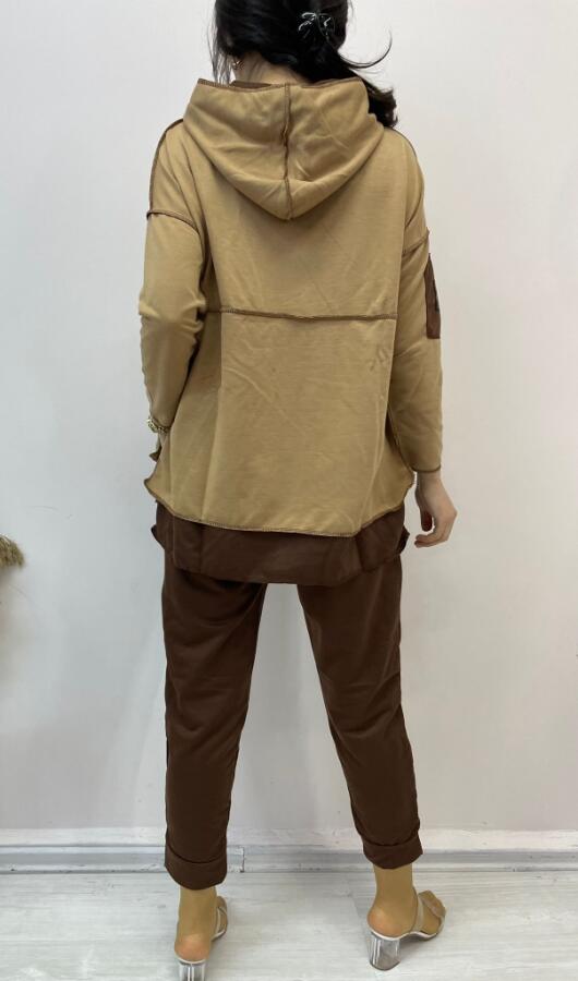 Kadın Kahve Kapşonlu Etek Ucu Detay Arma Ters Dikiş Gorunumlu Ikili Takım - 5