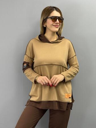 Kadın Kahve Kapşonlu Etek Ucu Detay Arma Ters Dikiş Gorunumlu Ikili Takım - 6