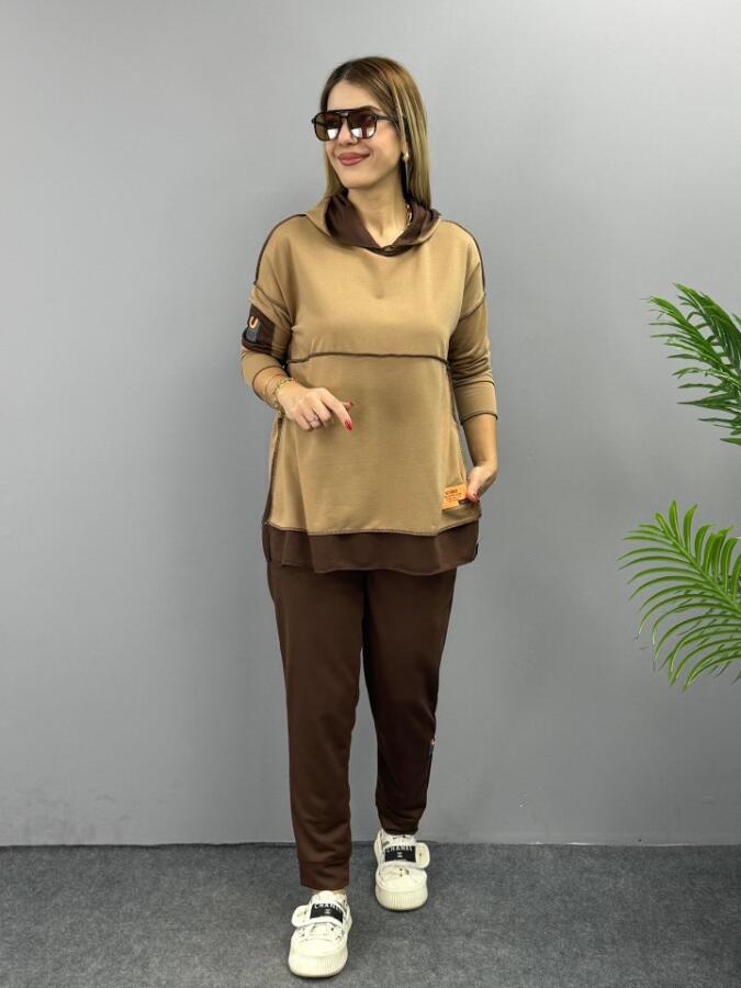 Kadın Kahve Kapşonlu Etek Ucu Detay Arma Ters Dikiş Gorunumlu Ikili Takım - 7