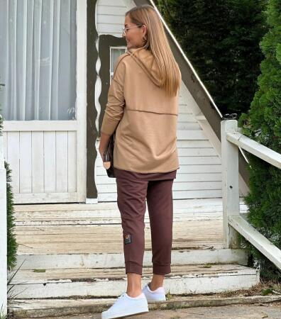 Kadın Kahve Kapşonlu Etek Ucu Detay Arma Ters Dikiş Gorunumlu Ikili Takım - ANGELINO BuyukBedeniz (1)