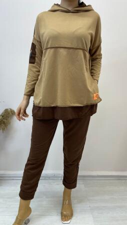 Kadın Kahve Kapşonlu Etek Ucu Detay Arma Ters Dikiş Gorunumlu Ikili Takım - 4