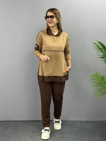 Kadın Kahve Kapşonlu Etek Ucu Detay Arma Ters Dikiş Gorunumlu Ikili Takım - 7
