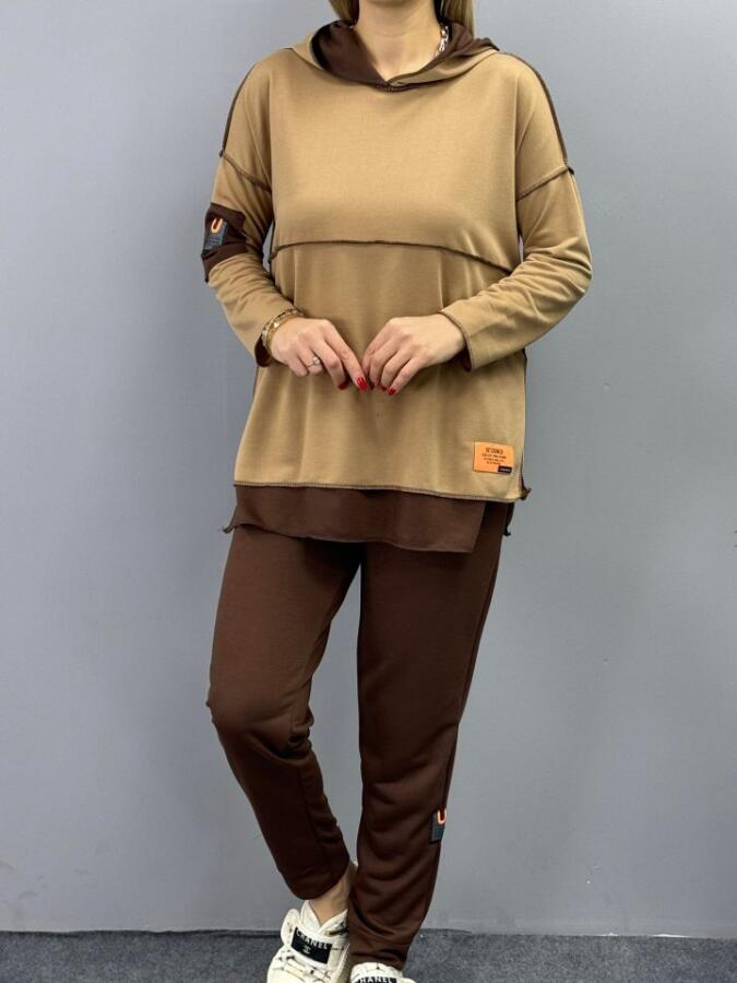 Kadın Kahve Kapşonlu Etek Ucu Detay Arma Ters Dikiş Gorunumlu Ikili Takım - 8