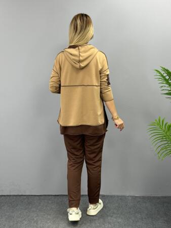 Kadın Kahve Kapşonlu Etek Ucu Detay Arma Ters Dikiş Gorunumlu Ikili Takım - 9