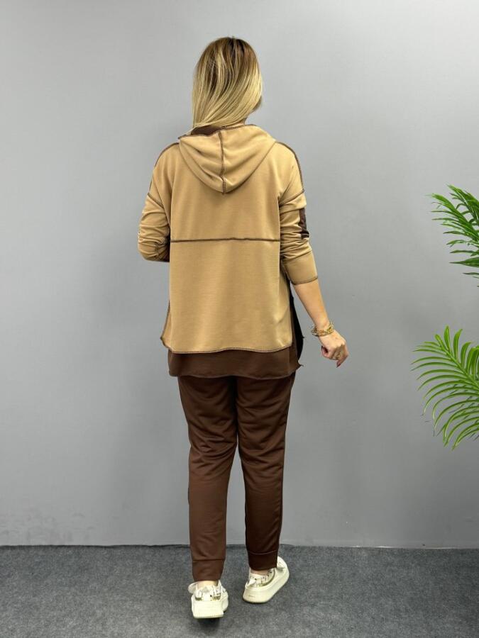 Kadın Kahve Kapşonlu Etek Ucu Detay Arma Ters Dikiş Gorunumlu Ikili Takım - 9