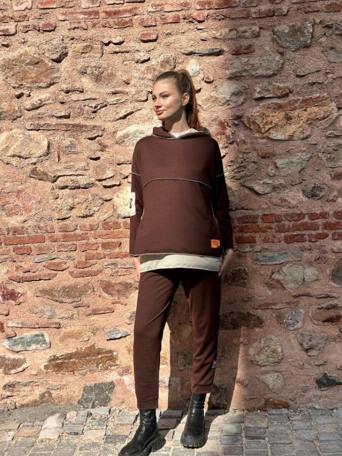 Kadın Kahve Kapşonlu Etek Ucu Detay Arma Ters Dikiş Gorunumlu Ikili Takım - 3