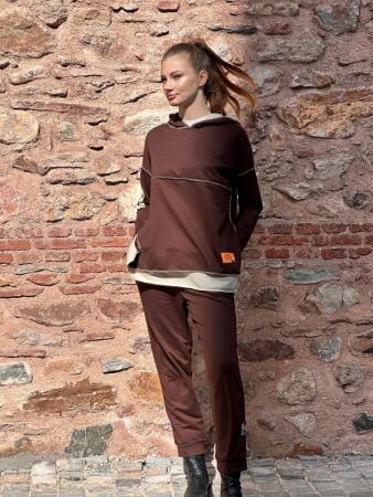 Kadın Kahve Kapşonlu Etek Ucu Detay Arma Ters Dikiş Gorunumlu Ikili Takım - 1