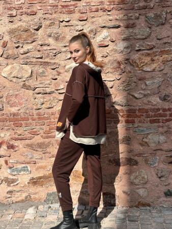 Kadın Kahve Kapşonlu Etek Ucu Detay Arma Ters Dikiş Gorunumlu Ikili Takım - 2