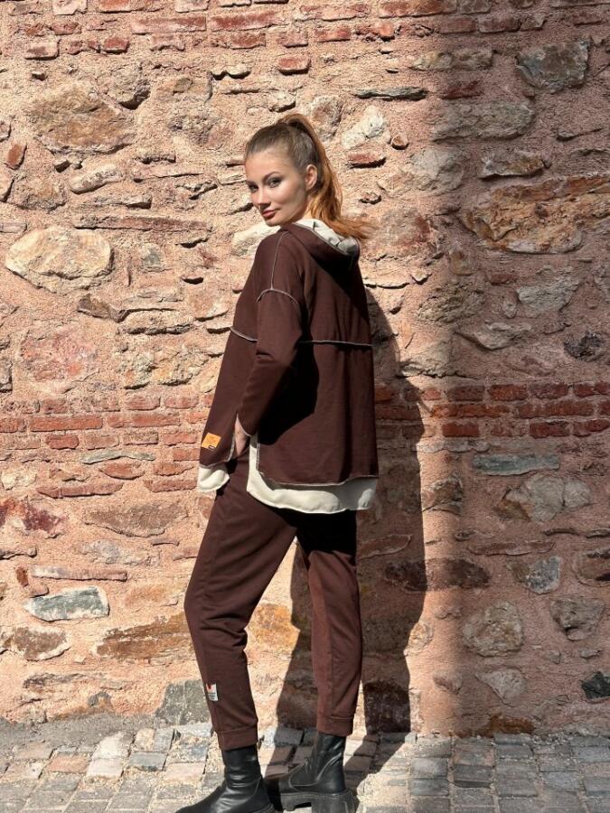 Kadın Kahve Kapşonlu Etek Ucu Detay Arma Ters Dikiş Gorunumlu Ikili Takım - 2