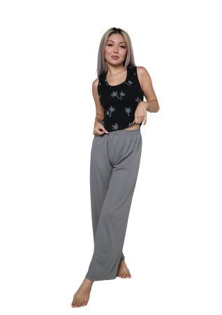 Kadın Kalın Askılı Body Bol Paça Pantolon 2`li Takım Siyah 4217 - Angelino