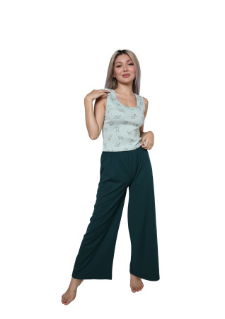 Kadın Kalın Askılı Body Bol Paça Pantolon 2`li Takım Su Yeşili 4218 - Angelino