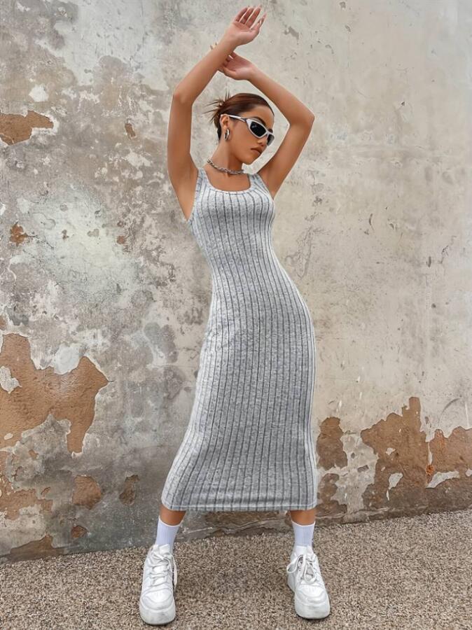 Kadın Kalın Askılı Kare Yaka Fitilli Kaşkorse Midi Boy Elbise - 2