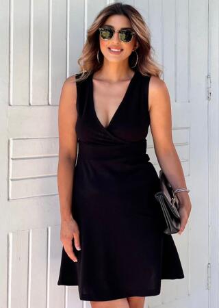 Kadın Kalın Askılı Kruvaze Yaka Eteği Volanlı Krep Elbise 