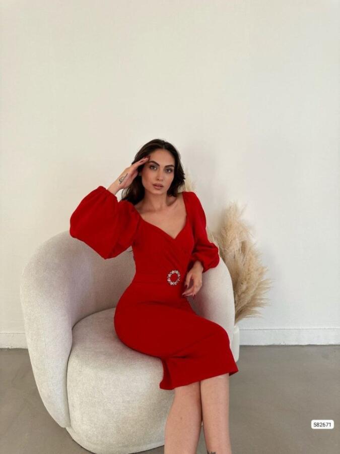 Kadın Kalp Yaka Sırt Dekolteli Kemer Toka Detay Midi Boy Elbise - 2