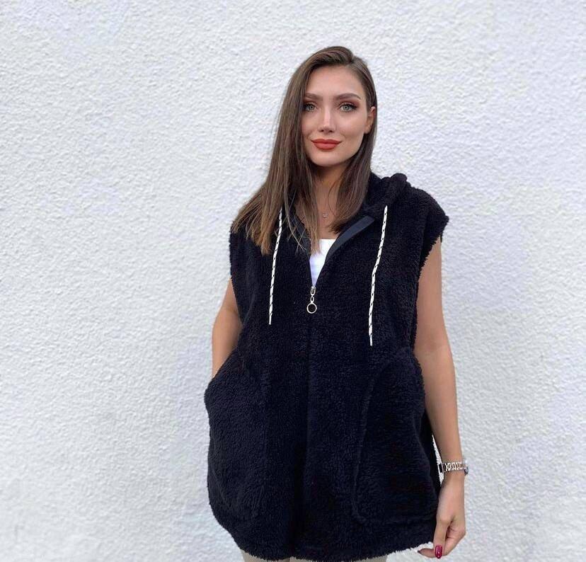 Kadın Kapüşon Ve Fermuar Detay Welsoft Kolsuz Yelek - 1