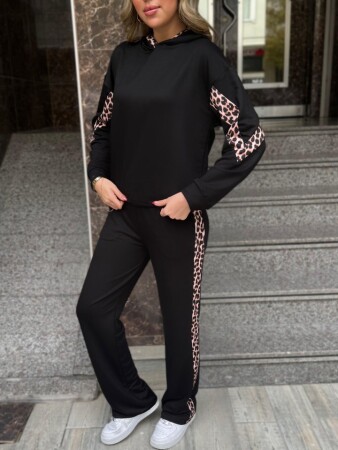Kadın Kapüşonlu Leopar Detay Sweat Ve Yüksek Bel Yanları Leopar şeritli Bol Paça Pantolon Ikili Takım - 3