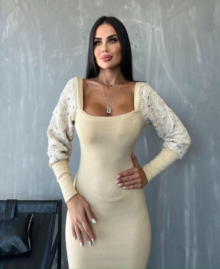 Kadın Kare Yaka Kolları Manşet Ve Tül Detay Fırsat ürün Midi Boy Elbise - 3