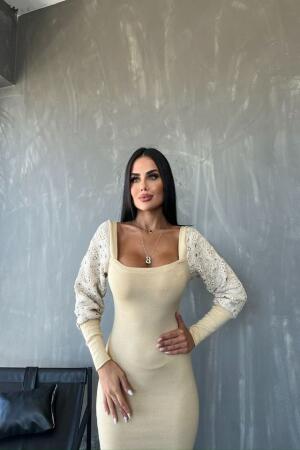 Kadın Kare Yaka Kolları Manşet Ve Tül Detay Fırsat ürün Midi Boy Elbise - 5