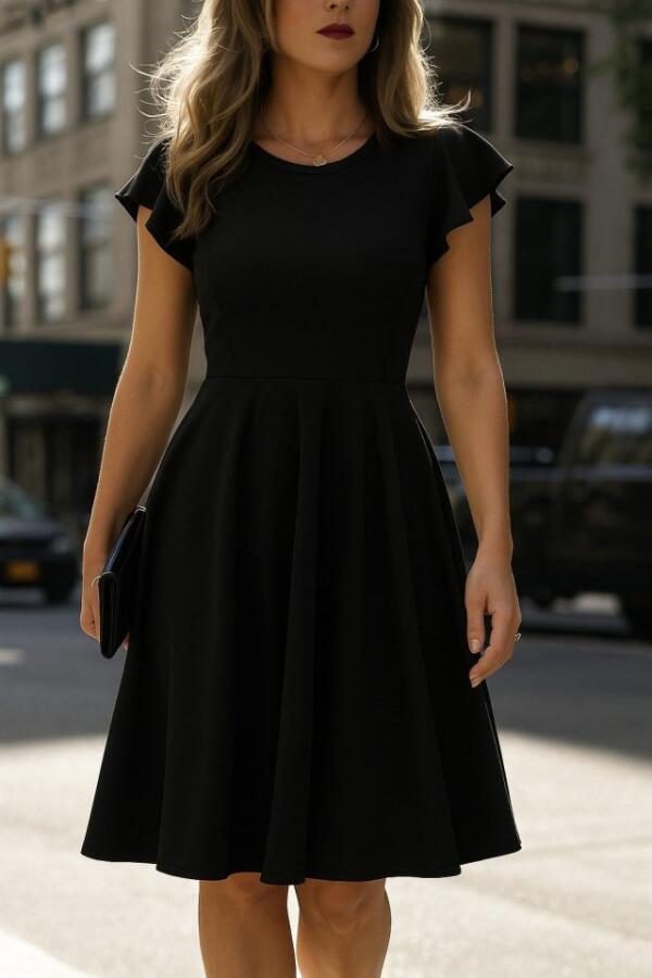 Kadın Kelebek Kollu Bisiklet Yakalı Pileli Ithal Krep Elbise - 1