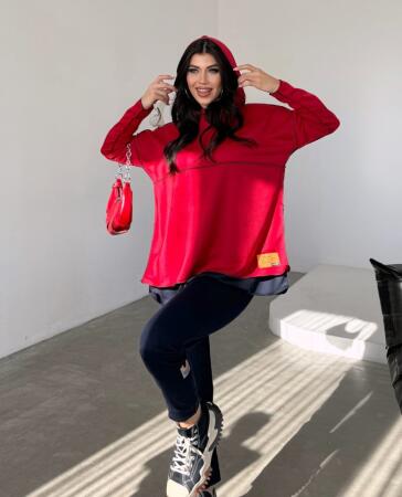 Kadın Kırmızı Kapşonlu Etek Ucu Detay Arma Ters Dikiş Gorunumlu Ikili Takım - ANGELINO BuyukBedeniz