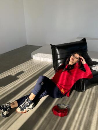 Kadın Kırmızı Kapşonlu Etek Ucu Detay Arma Ters Dikiş Gorunumlu Ikili Takım - 18