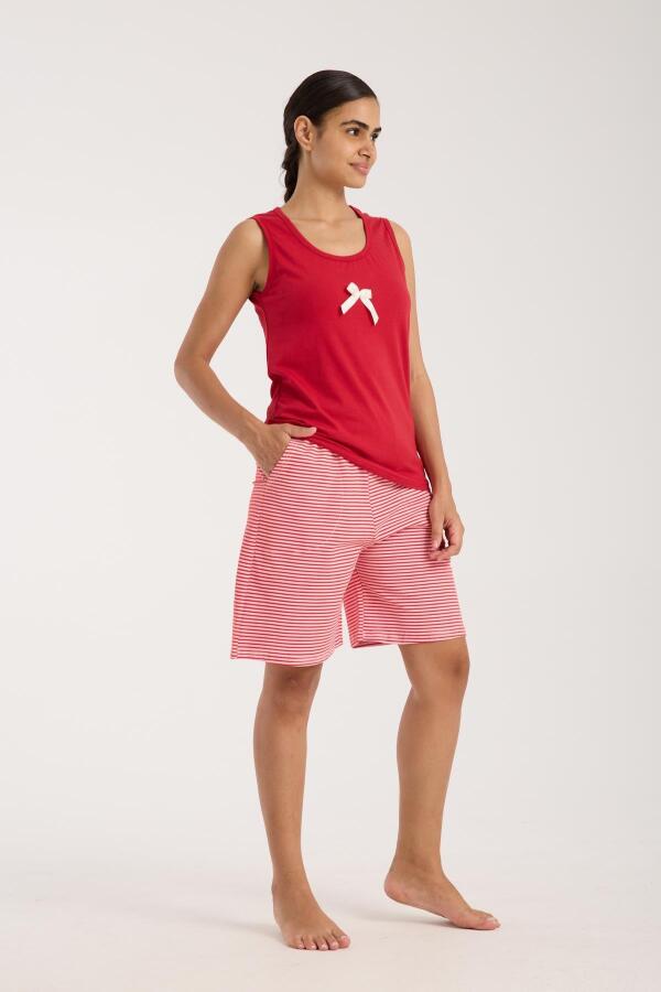 Angelino Kadın Kırmızı Kurdele Detaylı Çizgili Şortlu Pijama Takımı - 1
