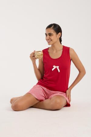 Angelino Kadın Kırmızı Kurdele Detaylı Çizgili Şortlu Pijama Takımı - Angelino (1)