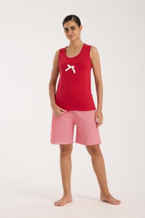 Angelino Kadın Kırmızı Kurdele Detaylı Çizgili Şortlu Pijama Takımı - 6