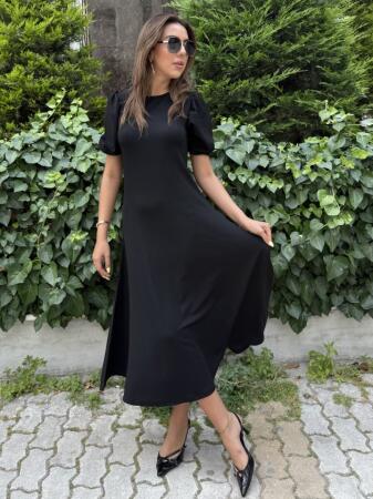 Kadın Kısa Balon Kollu Bisiklet Yaka Geniş Kesim Janjan Krep Elbise - ANGELINO BuyukBedeniz