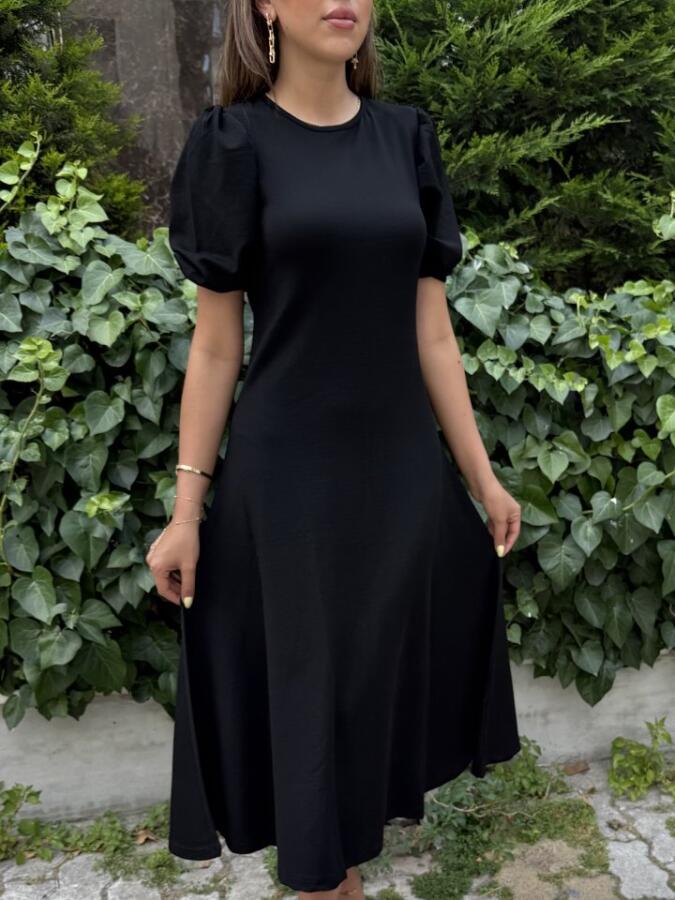 Kadın Kısa Balon Kollu Bisiklet Yaka Geniş Kesim Janjan Krep Elbise - 2