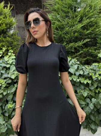 Kadın Kısa Balon Kollu Bisiklet Yaka Geniş Kesim Janjan Krep Elbise - 3